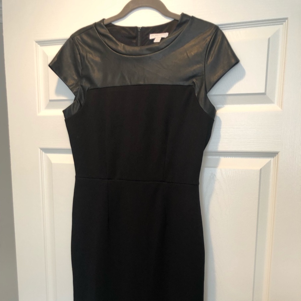 Black faux leather midi dress.